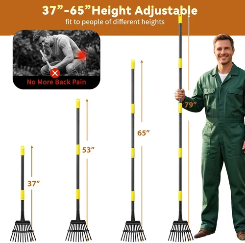 Vista 5 de Rastrillo de hojas de jardín para césped resistente, rastrillo de metal para patio con cabezal pequeño y estrecho de 9 pulgadas, mango largo