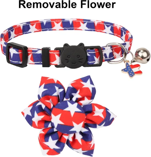 Vista 5 de ADOGGYGO Collares de gato con bandera americana con campana de flor removible, ajustables, patrón de bandera del 4 de julio en rojo y azul, collares