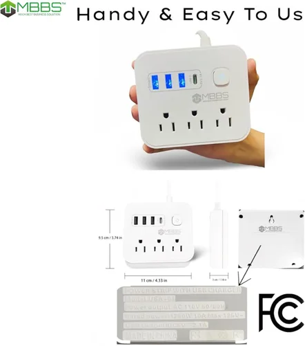 Vista 8 de Regleta de protección contra sobretensiones de 4 pies con USB C, protección 1200J, cable de extensión resistente, (7 en 1), 3 salidas de CA, 4