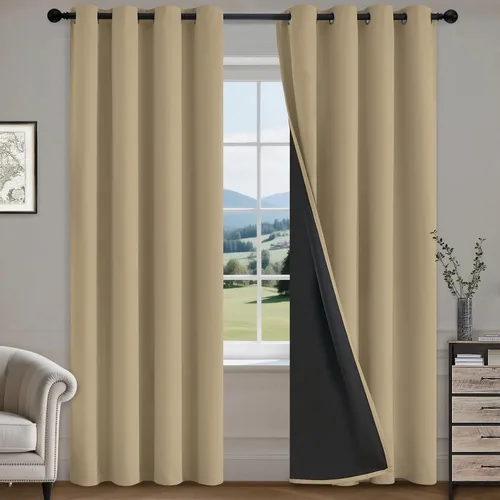 Vista 29 de COSVIYA Cortinas opacas 100% beige Biscotti para dormitorio, juego de 2 paneles de 63 pulgadas de largo, bloqueo de luz completa, aislamiento