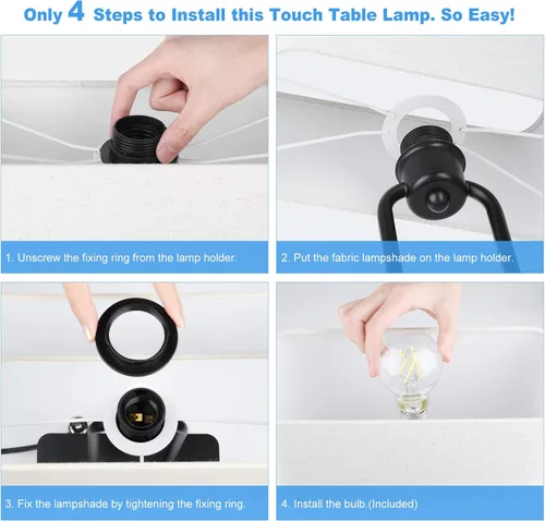Vista 7 de Lámpara de mesa con control táctil y puertos de carga USB duales, 1 salida de CA, lámpara de mesita de noche moderna regulable de 3 vías con Crema