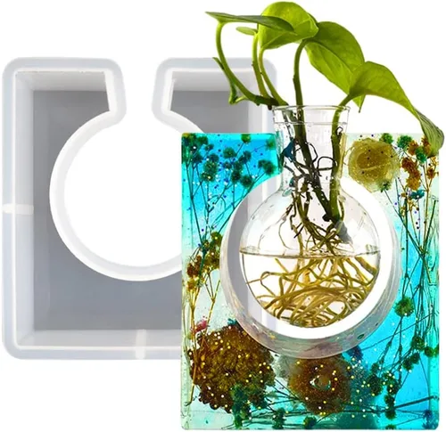 Vista 9 de Molde de resina epoxi de silicona hidropónica al por mayor Marco redondo Diseño nórdico Florero Planta Florero Molde de hormigón con botellas