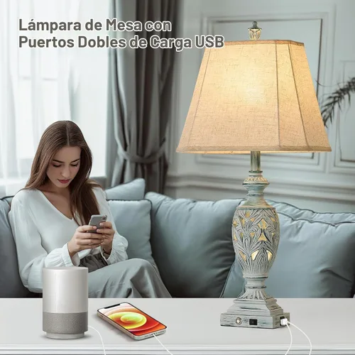 Vista 5 de Juego de 2 lámparas de mesa tradicionales con control táctil de 29.5" de alto, lámparas de mesita de noche vintage con puertos USB duales