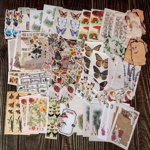 Vista 6 de Paquete de 200 piezas de suministros vintage para scrapbooking con calcomanías para diarios de desecho, pegatinas de papel DIY, paquete de ephemera