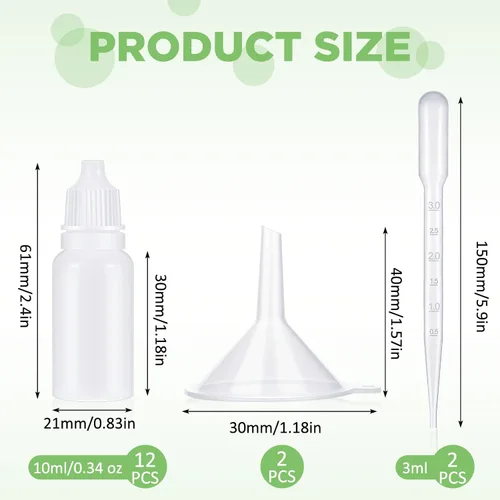 Vista 2 de Uiifan 12 botellas de plástico con cuentagotas de 0.3 fl oz, botella vacía con gotero para ojos, pequeños recipientes de líquido exprimibles
