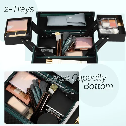 Vista 5 de Estuche de Maquillaje 2 Bandejas Caja Organizadora de Maquillaje Estuche de Maquillaje de Viaje Portátil con Cerradura Organizador de Almacenamiento