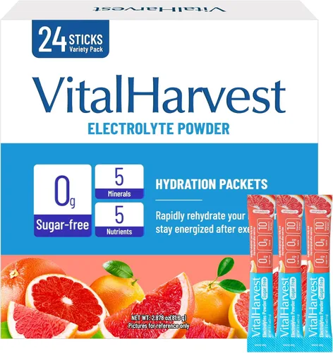 Vista 11 de VitalHarvest 24 Sobres de Polvo de Electrolitos Sin Azúcar Paquetes de Hidratación Mezcla de Bebida IV Diaria Líquida para Hidratación Rápida, Bajo