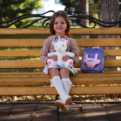 Vista 4 de Kozely Mochila pequeña para niñas, mochila de felpa de unicornio pequeña para niños, rosa y morado para la escuela, Navidad, regalos de cumpleaños