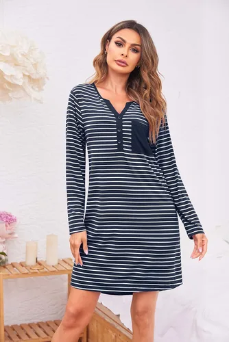 Vista 3 de Ekouaer Camisón Bata de manga larga con botones para mujer, con cuello en V, ropa de dormir, vestido de pijama casual