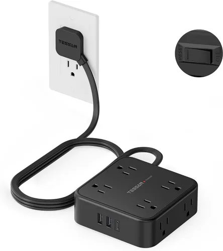 Vista 8 de TESSAN - Tira de alimentación con protector de sobretensiones, cable de extensión plano de 5 pies con 8 salidas de CA, 3 puertos USB (1 USB C), Gris