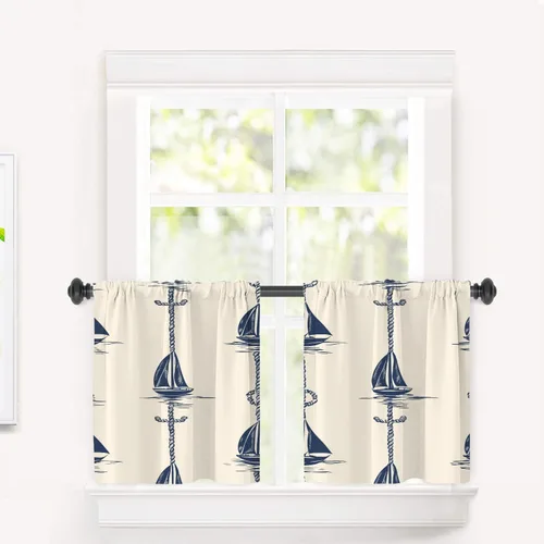 Vista 67 de Maritime Ocean Blackout Tier Curtains, Anchors Nautical Art Half Window Drapes for Kitchen with Rod Pocket,Room Darkening 2 Pack 26X24 Inches