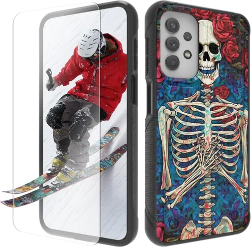 Vista 32 de Funda para Samsung Galaxy A13/A04/A04S/A23/A32 5G con protector de pantalla, parte trasera con textura de policarbonato duro, hermosa flor, diseño