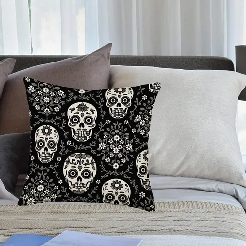 Vista 2 de Fundas de almohada de flores de calavera de Halloween, decoración del Día de los Muertos, funda de almohada de lino y algodón de 18 x 18 pulgadas