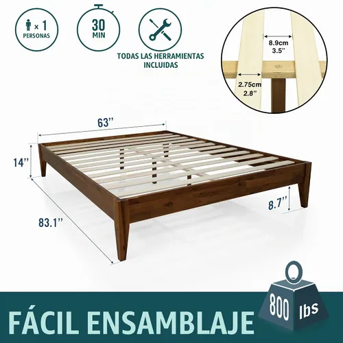 Vista 2 de Acacia Mervyn - Cama de plataforma de madera de 14 pulgadas, marco de cama sin cabecero, marco de cama tamaño Queen, color chocolate