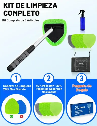 Vista 2 de XINDELL Herramienta de Limpiador de Parabrisas – Kit de Limpieza de Ventanas Interiores de Coche con Mango Extensible y 4 Almohadillas