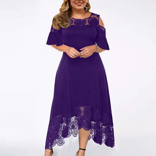 Vista 2 de Vestido largo de verano para mujer, con hombros descubiertos, costuras de encaje, con volantes, manga corta, talla grande, maxi vestidos largos