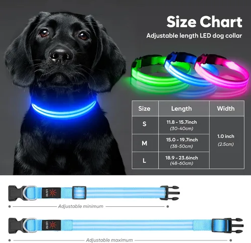 Vista 6 de Collar de perro con luz LED, recargable que brilla en la oscuridad, collar ajustable para perros pequeños (S, azul)