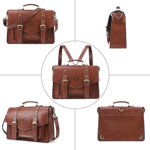 Vista 8 de ECOSUSI Mochila para mujer maletín de mensajero para laptop bolsa de cuero vegano bolsa de trabajo para portátiles de 156 pulgadas café