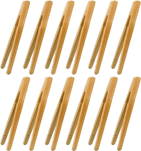 Vista 6 de 12 pinzas de bambú, pinzas reutilizables de bambú de 7 pulgadas para tostadas de pan, encurtidos y té de frutas
