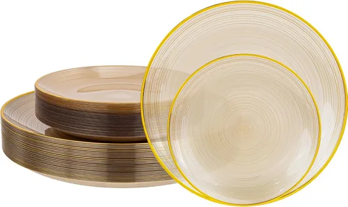 Vista 11 de Morejoy - 60 platos de plástico negro, platos desechables negros con borde dorado, placa dorada resistente, placa de diseño moderno de remolino que