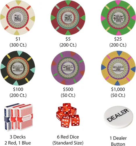 Vista 5 de Claysmith Gaming Juego de póquer The Mint de 1,000 ct, fichas compuestas de arcilla de 0.46 oz con estuche de aluminio, naipes y botón