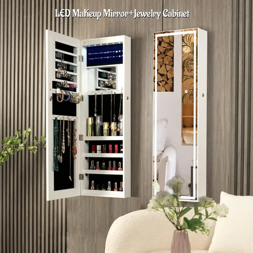 Vista 3 de KEDLAN Organizador de joyas, espejo iluminado de longitud completa con armario de joyería, joyero LED montado en la paredpuerta para mujeres
