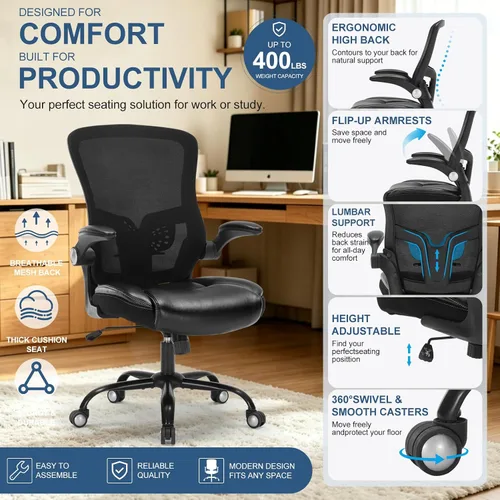 Vista 3 de ZLHECTO® Silla de oficina ergonómica, silla de escritorio con reposabrazos abatible ajustable con soporte lumbar, silla de computadora giratoria