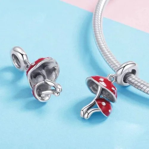 Vista 3 de Dijes de plata de ley 925 con forma de hongo y esmalte rojo y verde, flor de campanilla, cactus, cuentas espaciadoras de cristal