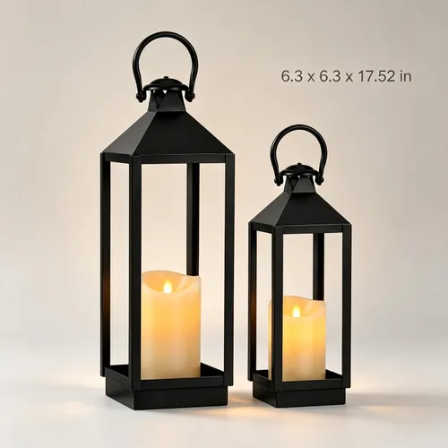 Vista 2 de 2 Pack Black Decorative Lantern Set 17 Inch and 13 Inch Metal Frame Lanterns with LED Flickering Candles for Indoor Outdoor Home Patio Decor