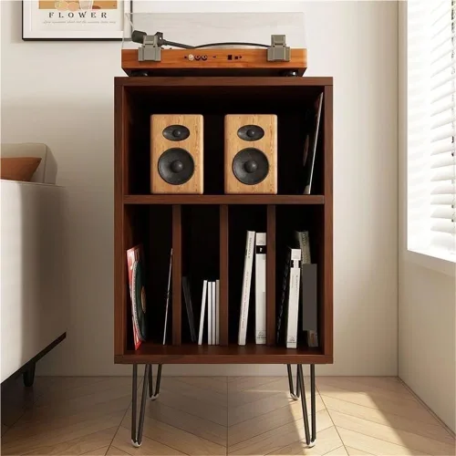 Vista 9 de Soporte para tocadiscos de madera, mesa de tocadiscos de gran capacidad, gabinete de almacenamiento abierto para medios, adecuado para sala