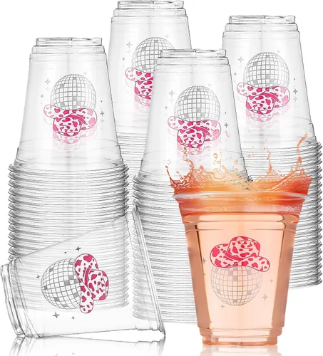 Vista 8 de Sliner 100 tazas de plástico de discoteca vaquera negra y rosa para decoración de despedida de soltera, 12 onzas, vasos desechables de bola