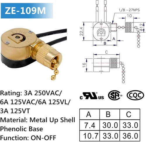 Vista 6 de Interruptor de ventilador de techo Zing Ear ZE-109M Interruptor de cadena de encendido/apagado Interruptor de luz compatible con Hunter Ventilador