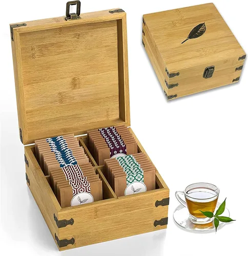 Vista 4 de Caja organizadora de té segura para alimentos, libre de productos químicos, baúl de almacenamiento de bambú, cubos ajustables
