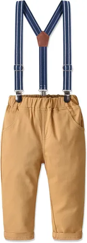 Vista 4 de Dinysuos Conjunto de ropa de caballero para niño pequeño camisa de vestir pajarita tirantes pantalones de mezclilla de 12 meses a 6 años