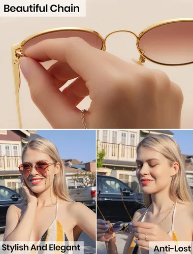 Vista 4 de Veda Tinda Vision Lentes de sol redondos pequeños vintage para mujer, clásicos, retro, con protección UV, cadena