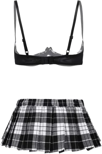 Vista 2 de Yeahdor Conjunto de lencería sexy para mujer estilo colegial 14 copa sin forro con minifalda