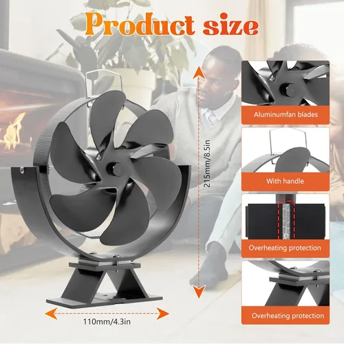 Vista 2 de Ventilador de estufa de leña, ventilador de chimenea de ángulo ajustable, ventilador de estufa de calor de 6 aspas para madera/quemador