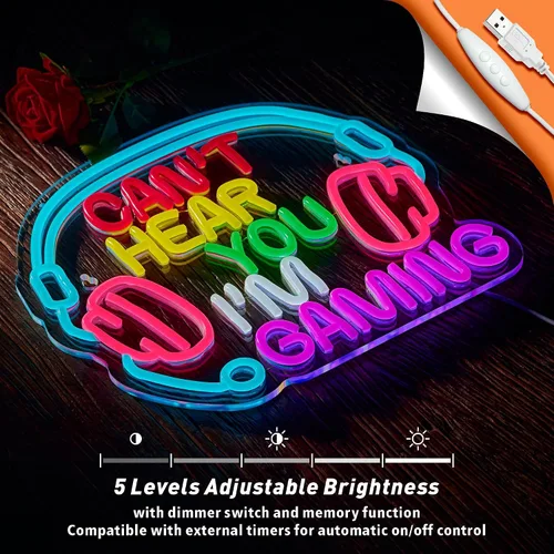 Vista 4 de Letrero de neón para juegos Can't Hear You I'm Gaming Headset Gamer Luz LED brillante alimentada por USB Letrero luminoso de auriculares Letreros