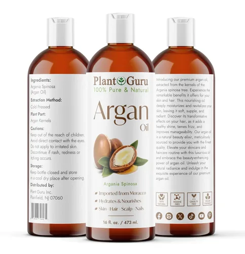 Vista 2 de Plant Guru Aceite de argán de 16 onzas líquidas Virgen de Marruecos, prensado en frío, 100% natural, estimula el crecimiento del cabello, la piel