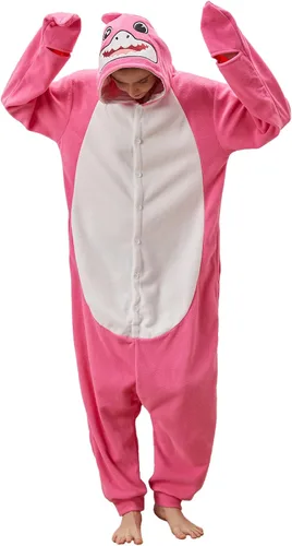 Vista 2 de Dodheah Disfraz de tiburón para adultos, disfraz de Halloween, pijama de cosplay de animales para hombres y mujeres, mono de dibujos animados