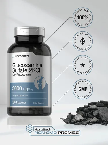 Vista 5 de Horbäach Sulfato de Glucosamina 2KCI con Potasio 3000mg 240 Cápsulas Suplemento sin OMG y sin gluten