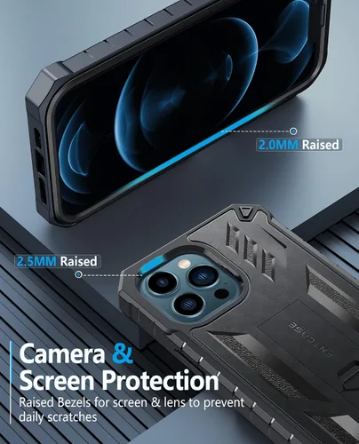 Vista 6 de FNTCASE Funda para iPhone 12 Pro-Max: con [protector de pantalla y soporte integrados] [protección contra caídas de grado militar] Funda protectora