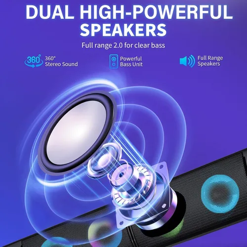 Vista 3 de Altavoces de computadora con cable diseñados para dispositivos de escritorio, sonido claro USB Plug and Play con iluminación RGB Características