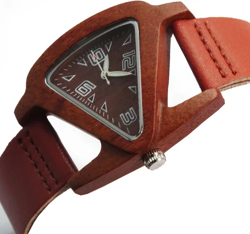 Vista 2 de Relojes de madera triangulares, color rojo, con correa de cuero, reloj de pulsera de cuarzo para mujer