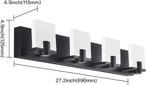 Vista 4 de SOLFART Luces LED regulables para tocador de baño, lámparas modernas con focos, 4 luces, acabado negro mate, base de metal, acrílico blanco