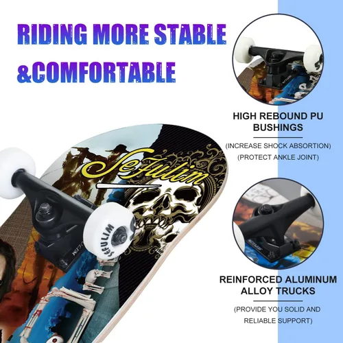 Vista 2 de 31 x 8 Inch Complete Skateboard 7 Layer Canadian Maple Double Kick Deck Concave Cruiser Trick Skateboard for Boys Girls Teens Adults Beginner