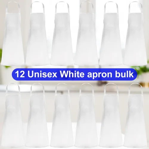 Vista 3 de Delantales unisex con peto, paquete de 12 delantales de chef blancos con lazos extralargos, lavables para mujeres y hombres, cocinar, restaurante