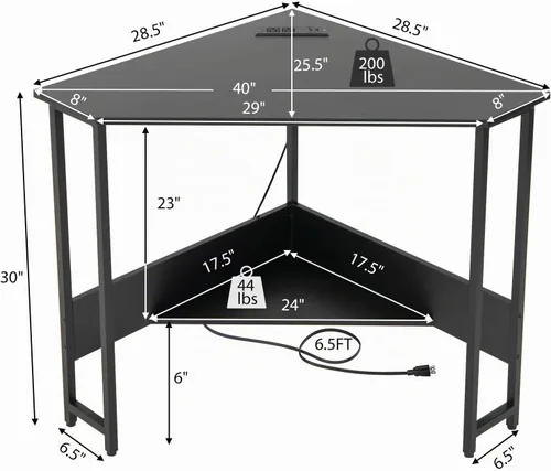 Vista 3 de Tangkula Escritorio esquinero con toma de corriente y puertos USB, escritorio triangular para computadora con estación de carga, estante de Negro