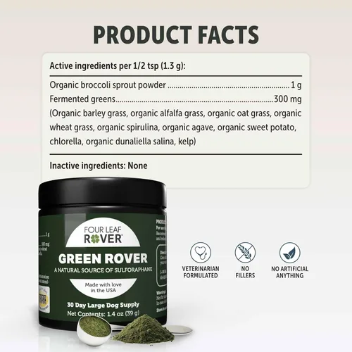 Vista 6 de Four Leaf Rover Green Rover - Verdes para perros en polvo con brotes de brócoli orgánicos, espirulina fermentada y verduras de mar - Formulado por