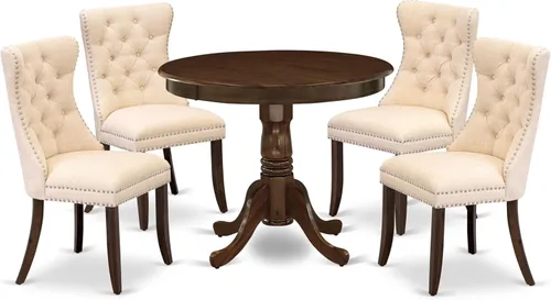 Vista 17 de East West Furniture ANDA5-AWA-12 - Juego de mesa de cocina de 5 piezas, incluye una mesa de comedor redonda con pedestal y 4 sillas Parson tapizadas